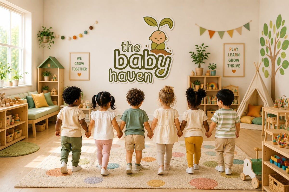 Five toddlers holding hands in a bright daycare classroom with the baby haven wall decal and colorful decorations