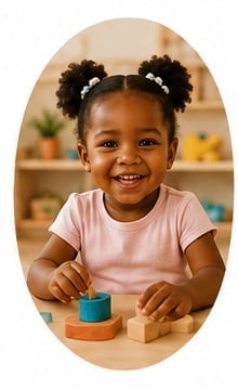 Smiling young child with two buns in hair wearing pink shirt, playing with colorful wooden blocks at a table