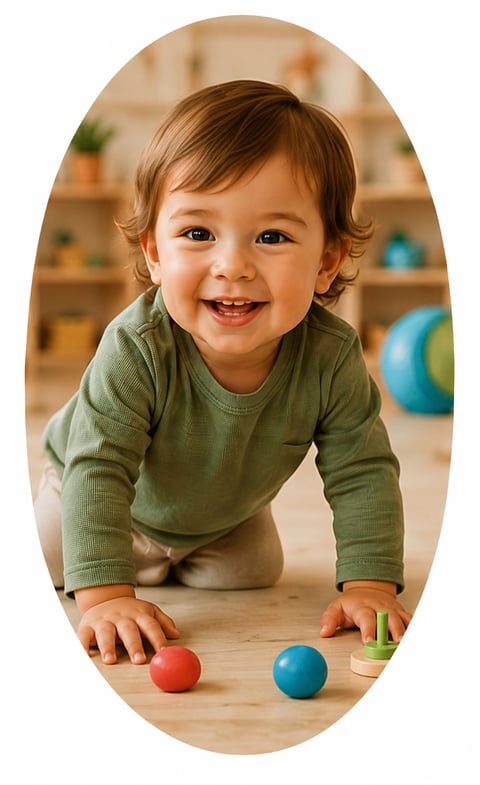Happy toddler in green shirt crawling on wooden floor, playing with colorful balls and toys