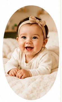 Happy baby with a gold bow headband lying on white bedding, smiling at the camera