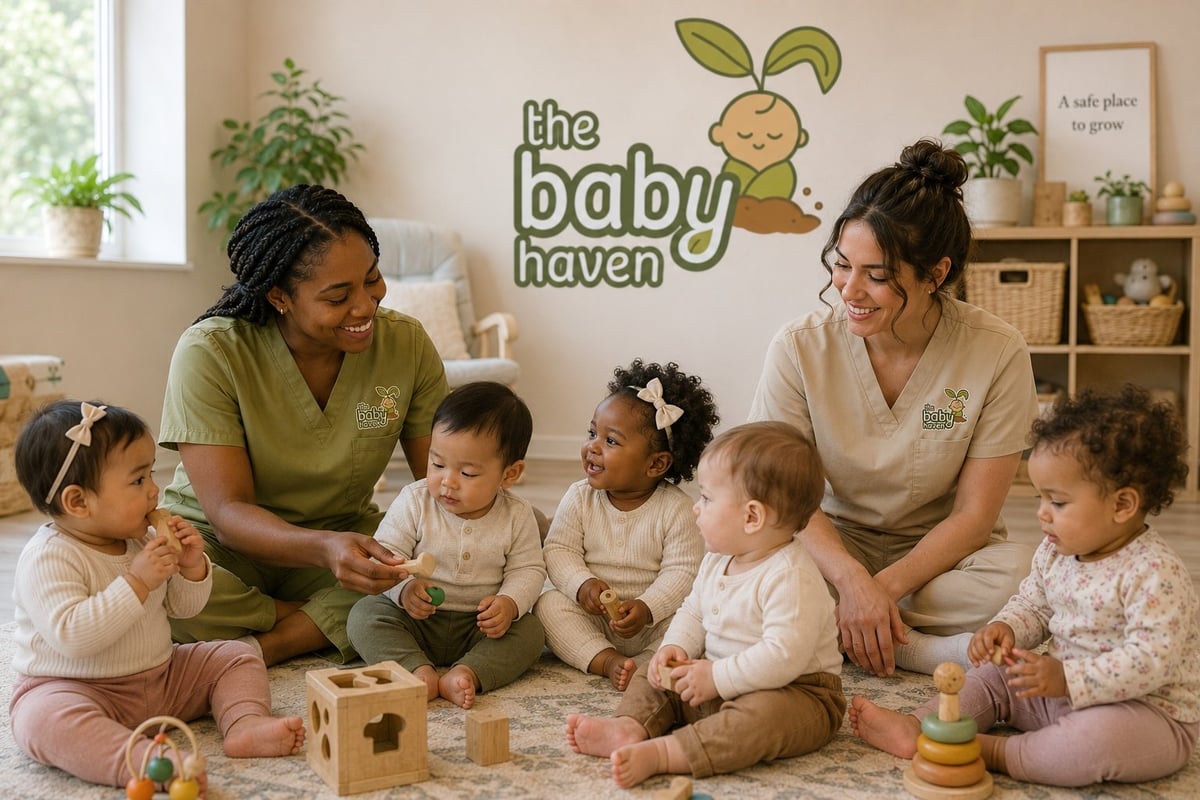 Two caregivers playing with five toddlers on the floor in a bright nursery room with toys and the Baby Haven logo on the wall