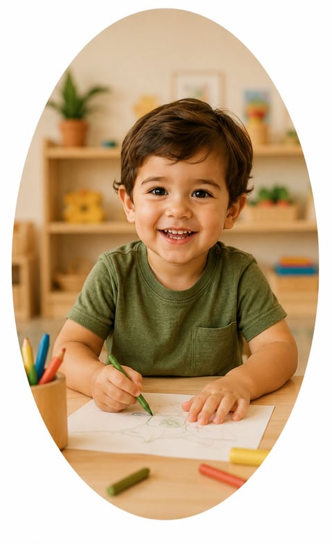 Smiling toddler in green shirt drawing with colored pencils at wooden table in bright playroom