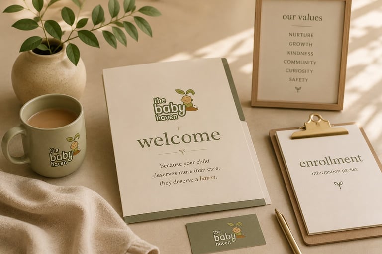 Flat lay of branded welcome materials including a mug, documents, potted plant, and framed values poster on a neutral fabric surface