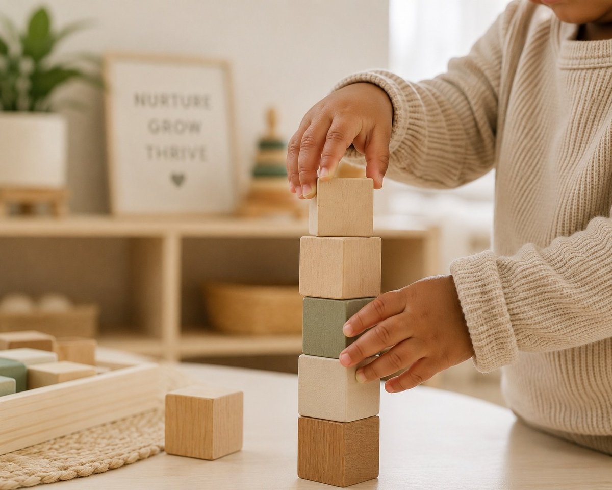 Child stacking wooden blocks in various natural finishes on a table in a bright, minimalist room