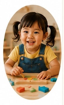 Young child with pigtails wearing yellow shirt and denim overalls, smiling while playing with colorful wooden blocks