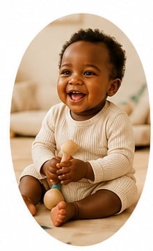Smiling baby sitting on floor wearing cream colored ribbed shirt